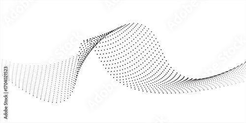 Flowing dots particles wave pattern 3D curve halftone black gradient curve shape isolated on white background. Vector in concept of technology, science, music, modern vector wave