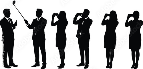 Silhouettes of Business Men and Women Taking Photos and Selfies with Smartphones in Various Professional Standing Poses on White Background