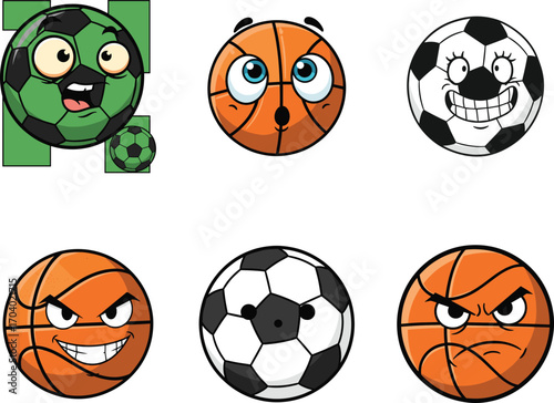 Cartoon sports balls with expressive faces showing emotions, including soccer and basketball characters, fun sports illustration for children’s education and design
