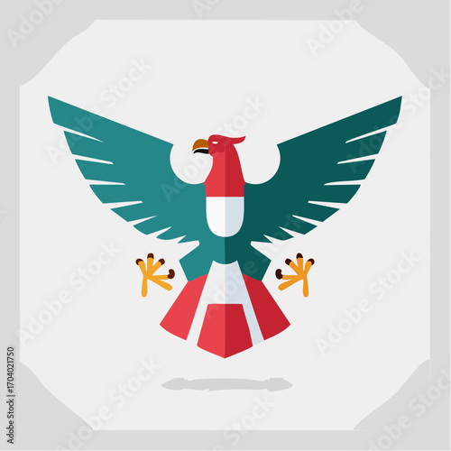Stylized Eagle Emblem With Green Wings and Red Geometric Body on Gray Background
