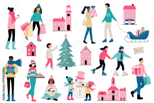 Holiday season flat illustration. Christmas people in winter clothes with gifts, packages, cozy houses. Shopping. Minimal style.