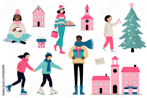 Christmas flat illustration. People in winter clothes with gifts, packages, cozy houses. Minimal style. Pink colors