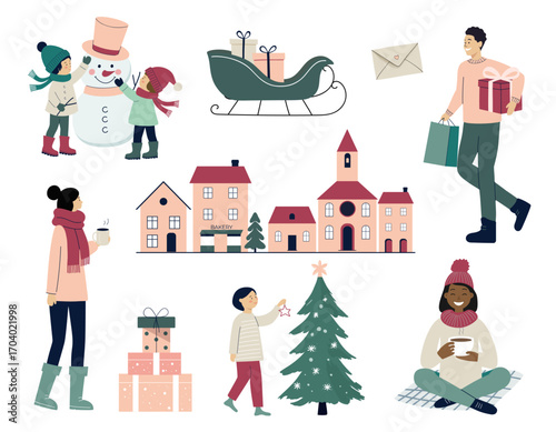 Flat christmas collection. People in winter clothes with gifts, packages, cozy houses. Snowman. Minimal style.