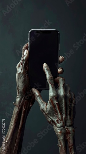 Undead Hands Using Smartphone with Blank Screen - Digital Technology and Horror Concept