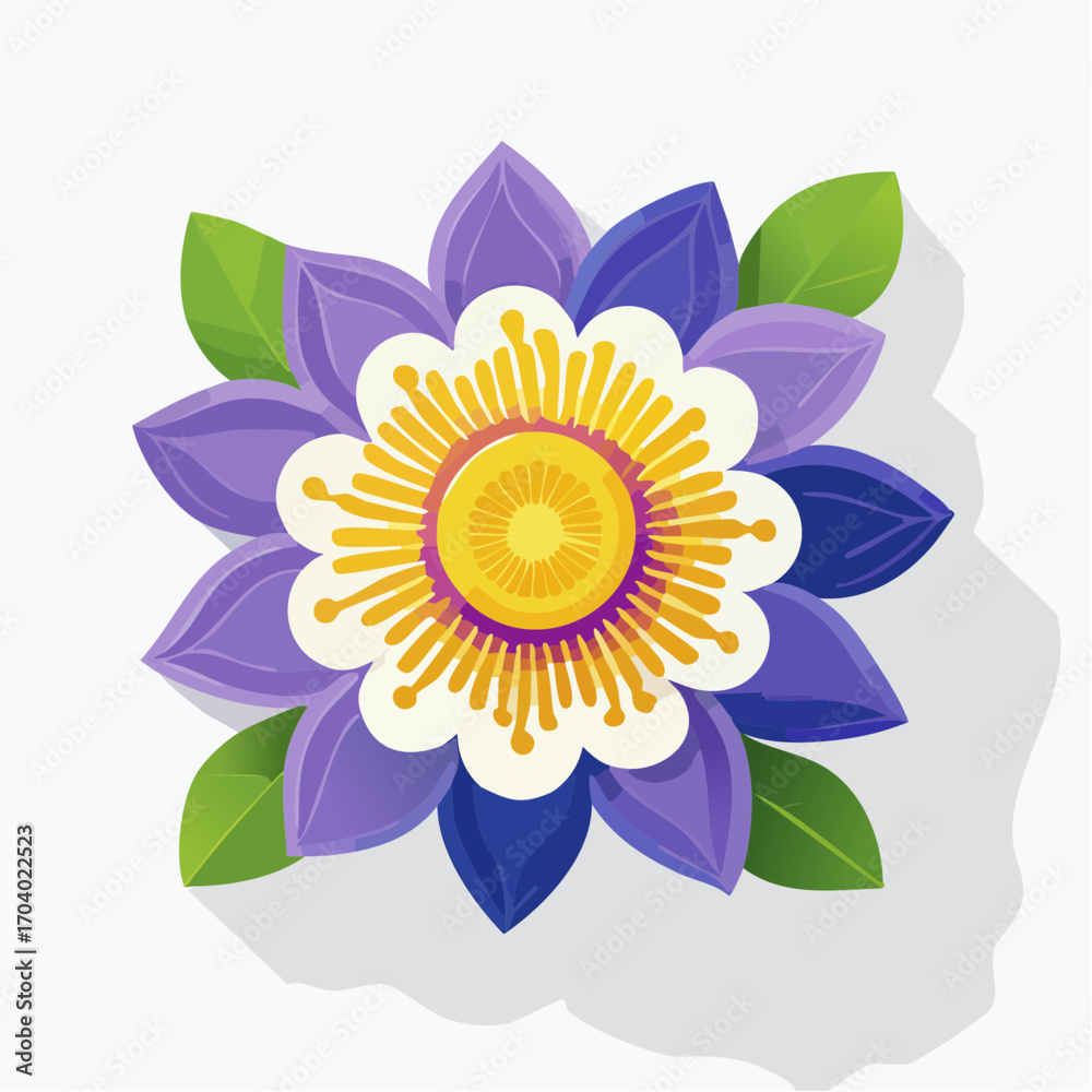 Fototapeta premium Purple And White Tropical Flower With Yellow Center On White Background
