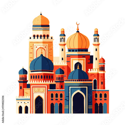 Colorful Cartoon Mosque with Domes and Minarets Illustration