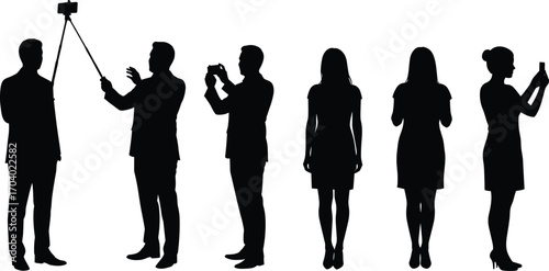 Silhouettes of Business Men and Women Taking Selfies and Using Smartphones in Standing Poses Representing Modern Technology and Corporate Communication