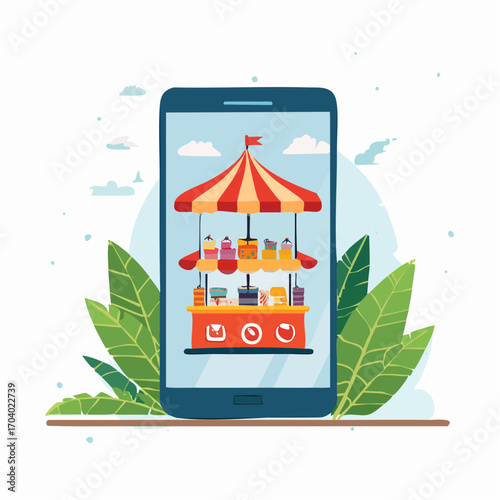 Online Marketplace On Mobile Phone With Green Leaves