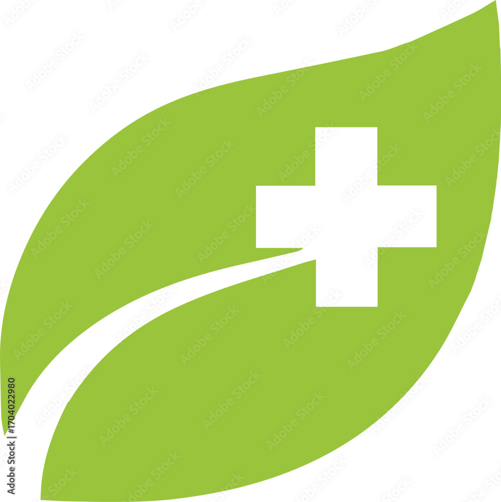 Obraz premium Vector art of green leaf with a cross for medical concept