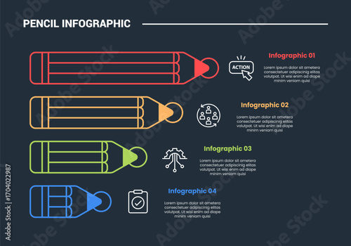 pencil education infographic process diagram with stacked pencil with long and short size with dark background bright outline style 4 points