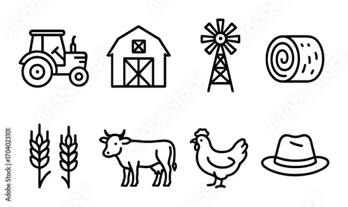Farming icons set: tractor, barn, windmill, hay bale, wheat, cow, chicken, hat