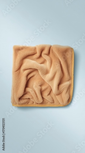 Soft Beige Plush Throw Blanket with Yellow Trim, Folded on Light Blue Background
