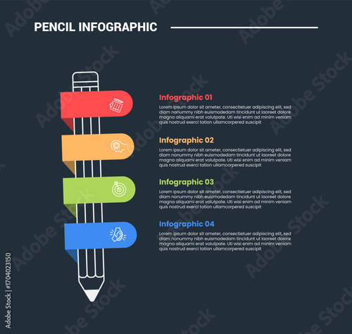 pencil education infographic process diagram with vertical pencil and tilt rectangle badge with dark background bright outline style 4 points