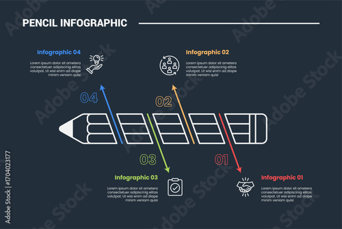 pencil education infographic process diagram with horizontal pencil slice and cut with up and down list with dark background bright outline style 4 points
