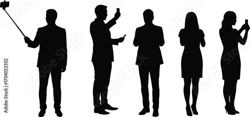 Silhouettes of Business Men and Women Using Smartphones and Taking Selfies with Mobile Devices in Professional Standing PosesSilhouettes of Business Men and Women Using Smartphones and 