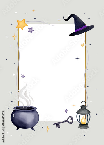 Watercolor halloween frame with empty space. Magical design with cauldron potion, lantern, witch hat. Mystical style