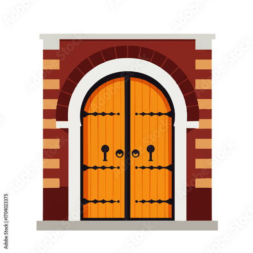 Ornate Wooden Double Doors in Archway, Brown Brick Frame