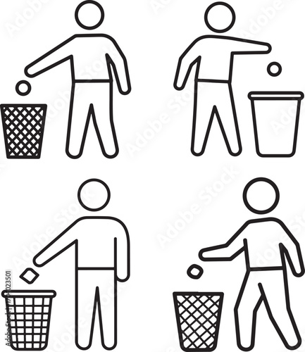 Four person silhouettes throwing trash into bins