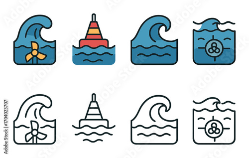 Marine energy icons: turbines, waves, and buoys in blue and yellow
