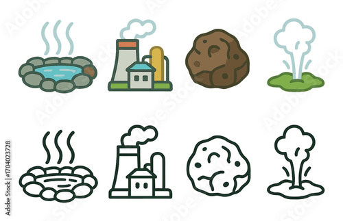 Environmental icons: hot springs, factories, rocks, geysers on gradient background