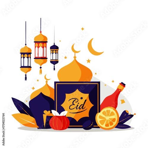 Colorful Flat Design Eid Celebration Illustration with Lanterns, Mosque Domes, Crescent Moon, and Gift Box