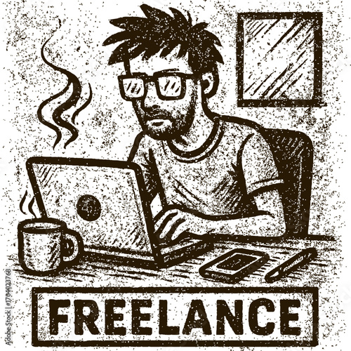 Freelance Lifestyle: Dedicated Man with Glasses and Beard Working on Laptop at Home Office Desk, Enjoying Coffee, Smartphone Ready, Embracing Remote Work Freedom in Grungy Textured Woodcut Style Illus