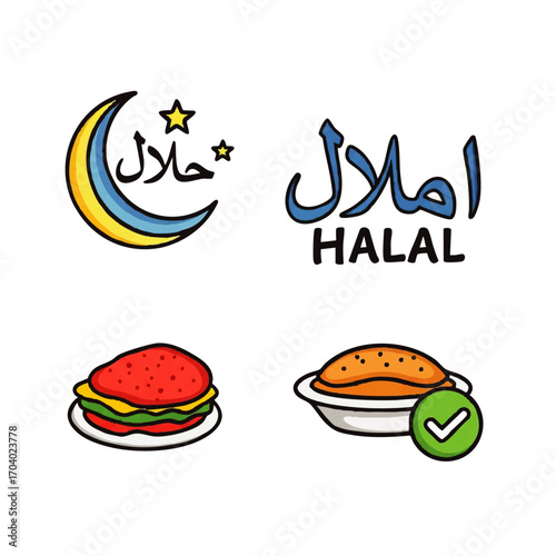 Colorful hand-drawn Halal certification icon set with Arabic calligraphy, crescent moon symbol, and permissible food illustrations.