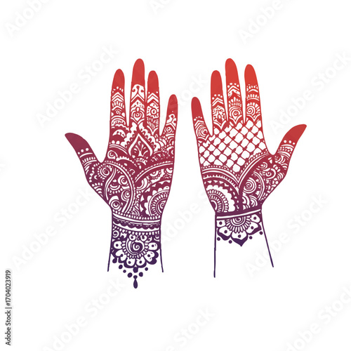 Pair of hands with intricate red and purple gradient mehndi henna tattoo art.