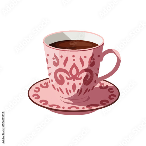 Pink Cup and Saucer with Coffee and Decorative Pattern