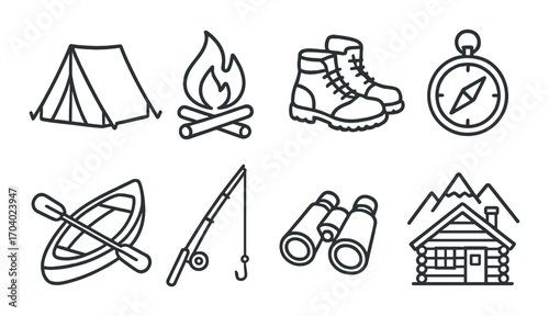 Camping icons set: tent, campfire, hiking boots, compass, canoe, fishing rod, binoculars, cabin