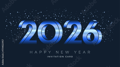 Shiny blue gradient numbers 2026 with scattered snow on dark background modern happy new year celebration invitation design