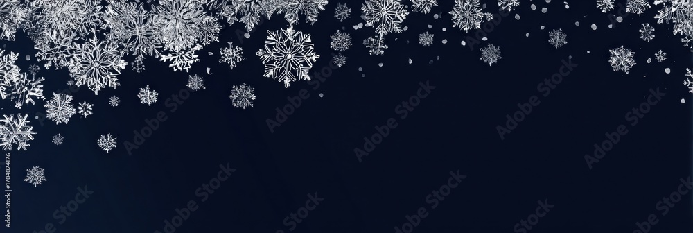 Fototapeta premium Shining Winter Snowflakes Falling Against the Dark Blue Background Creating a Festive, Holiday Atmosphere