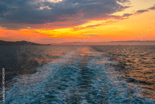 Sunset over the Aegean Sea. Cyclades, Greece