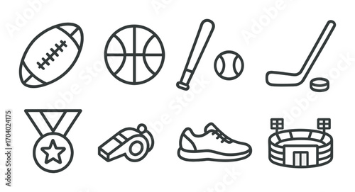 Set of iconic sports equipment and symbols on dark background