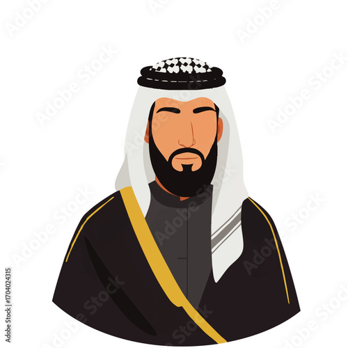 Portrait of a bearded Arab man in traditional attire: ghutra, agal, and black bisht with gold trim.