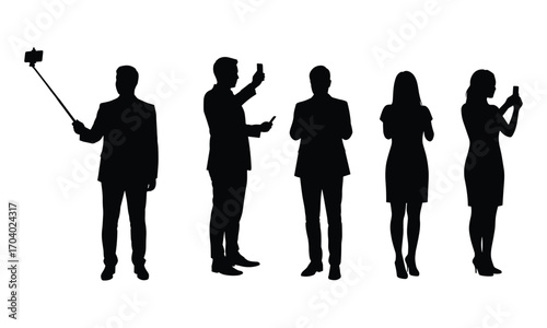 Silhouettes of Business Men and Women Using Smartphones and Taking Selfies with Mobile Devices in Professional Standing PosesSilhouettes of Business Men and Women Using Smartphones and 
