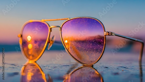 Sunglasses reflecting a vibrant sunset