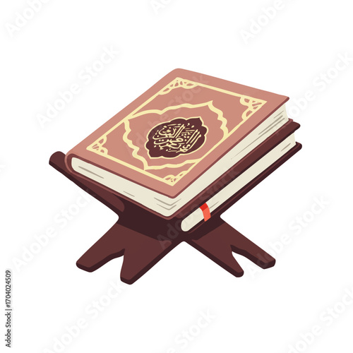 Quran on Wooden Stand: Islamic Holy Book with Arabic Calligraphy and Ornate Cover