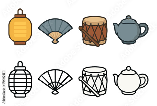 Traditional asian icons: lantern, fan, drum, teapot - colorful and outline styles