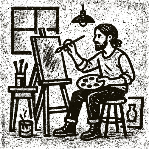 Captivating black and white woodcut illustration depicting a focused bearded artist engrossed in painting on an easel with brush and palette in a rustic, creative studio. This detailed hand-drawn artw