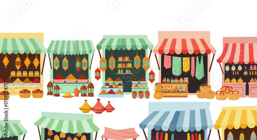 Colorful illustrated Arabic market stalls with striped awnings selling spices, lanterns, and textiles.