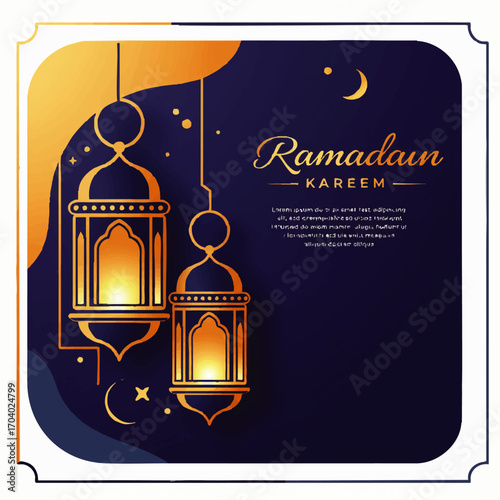 Ramadan Kareem Illustration with Golden Lanterns and Crescent Moon Design