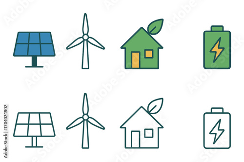 Renewable energy icons - solar, wind, eco home, battery