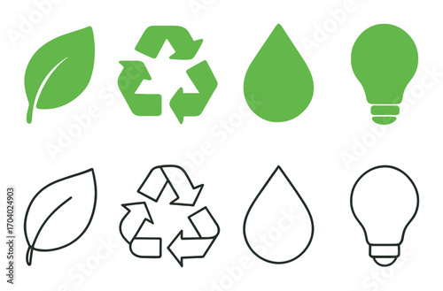 Eco icons: green leaf, recycling symbol, water drop, light bulb on gradient background