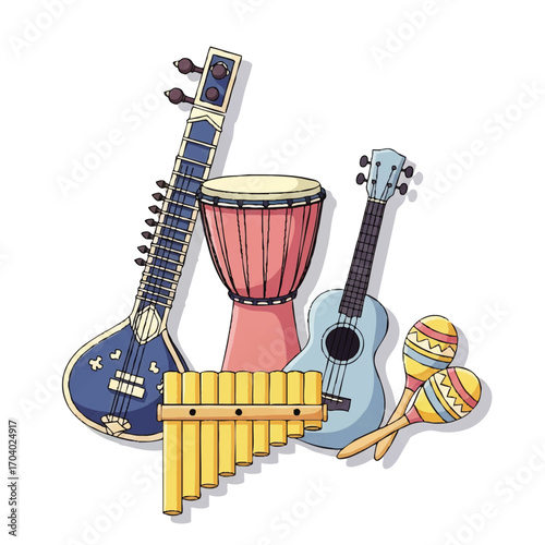 Colorful Illustration of a Sitar, Djembe, Ukulele, Panpipes, and Maracas