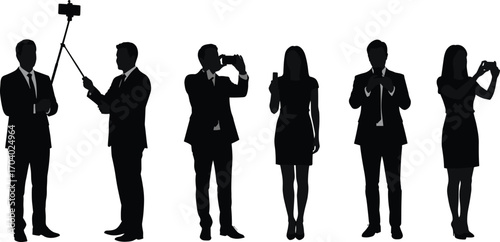 Silhouettes of Business Professionals Using Smartphones and Taking Selfies in Standing Poses for Technology and Corporate Communication Concept Illustration