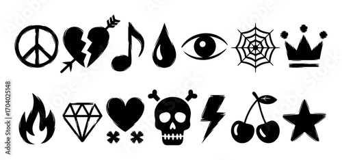 Collection of Black Grunge Style Icons: Peace, Heart, Music, Eye, Skull, and More