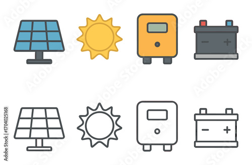 Solar energy icons: panels, sun, inverter, battery illustrations for renewable power concepts