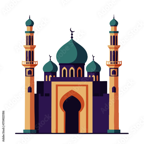 Colorful Islamic Mosque with Two Minarets, Flat Style Design