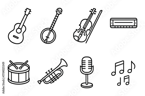 Set of music instrument icons: guitar, banjo, violin, harmonica, drum, trumpet, microphone, musical notes
